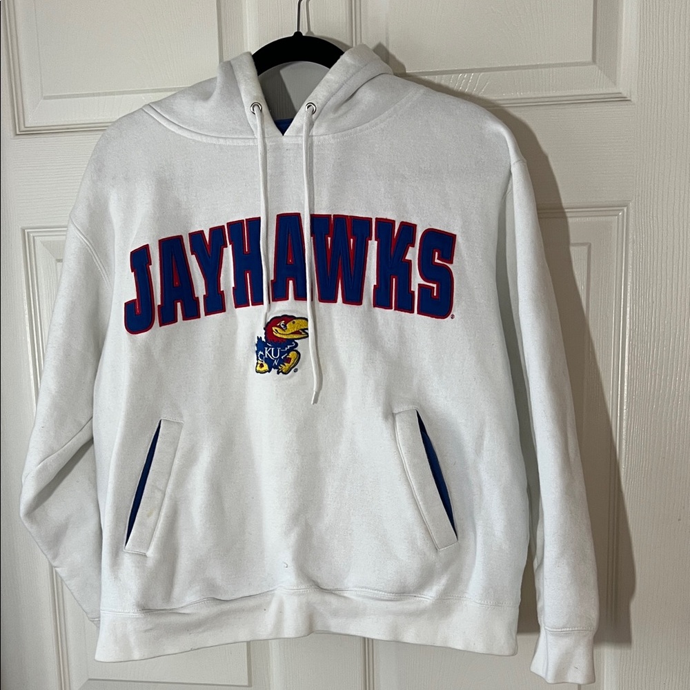 Vintage Kansas University Jayhawks Large‎ Spellout White Hoodie, Sz Medium